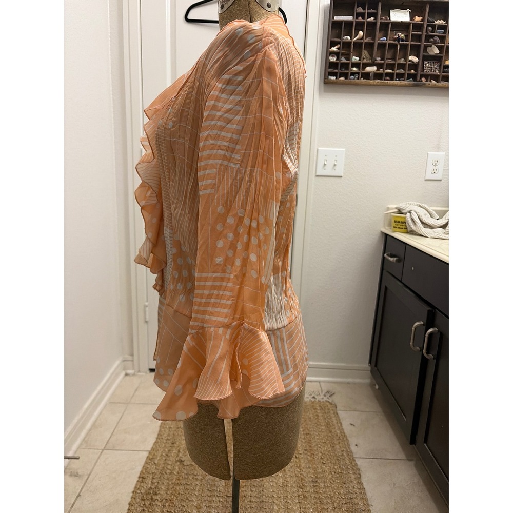 Blouse Ruffle Y2K Aesthetic Sheer Orange Women Patchwork Polka Dot Stripe V-Neck - Picture 6 of 10